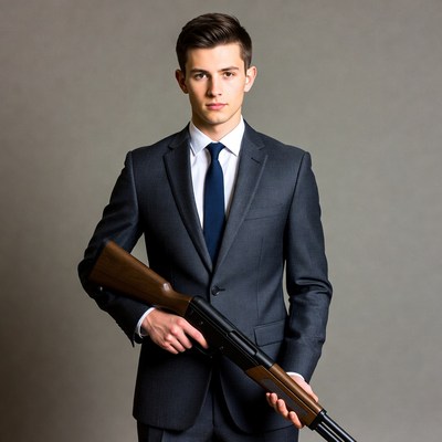 Man in suit holding shotgun