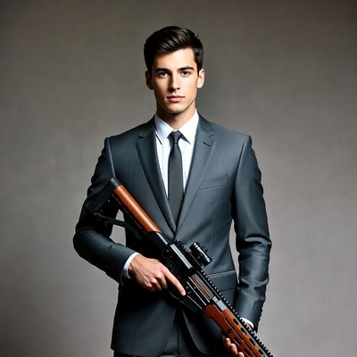Man in suit holding rifle
