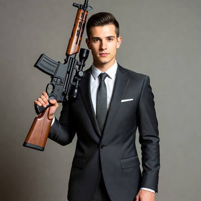 Man in suit holding assault rifle