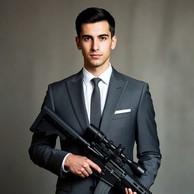Man in suit holding rifle