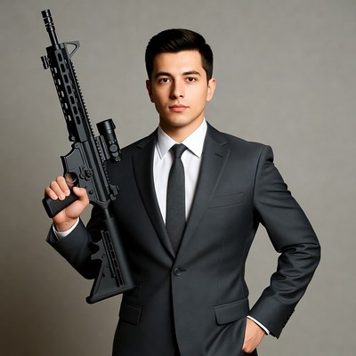 Man in suit holding AR-15 rifle