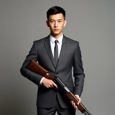 Asian man in suit holding shotgun
