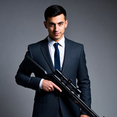 Man in suit holding rifle
