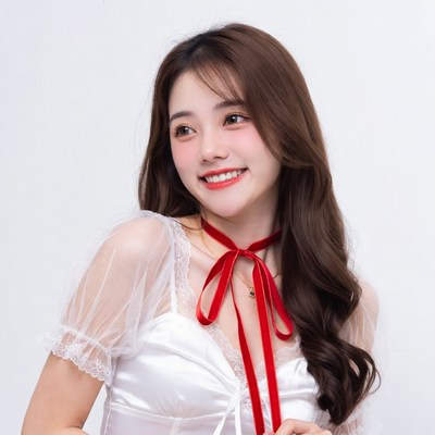 Asian woman in white lace top with red ribbon