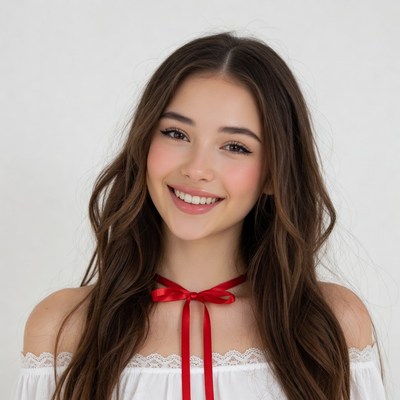 Smiling girl with red bow necklace