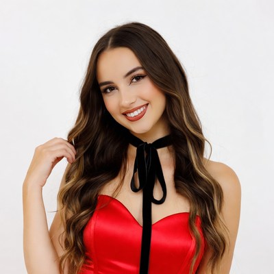 Smiling woman in red dress black choker