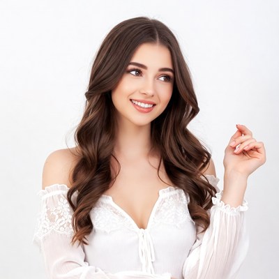 Smiling woman in white off-shoulder dress