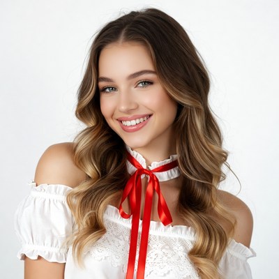 Smiling woman with red ribbon necklace