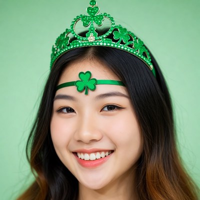 Asian woman wearing shamrock crown
