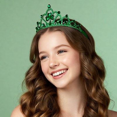 Girl wearing green shamrock crown