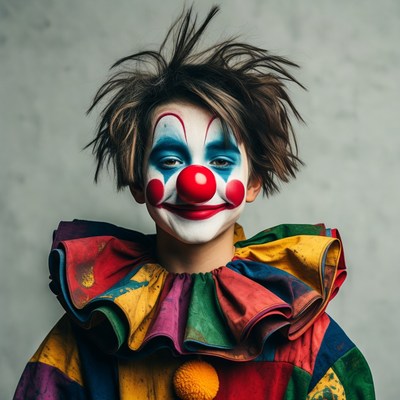 Boy in clown costume smiling