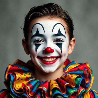 Boy in clown makeup smiling