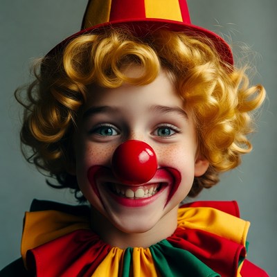 Boy in clown costume smiling