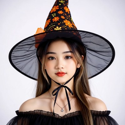 Asian woman in black witch hat