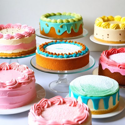 Colorful Frosted Cakes on Glass Stands