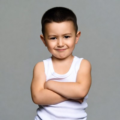 Toddler boy arms crossed smiling