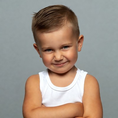 Boy with arms crossed smiling