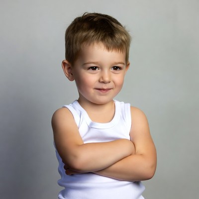 Boy with arms crossed smiling