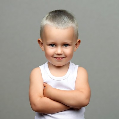 Toddler boy arms crossed smiling