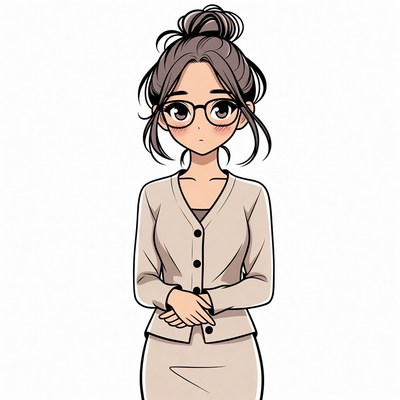 Anime woman in beige cardigan suit