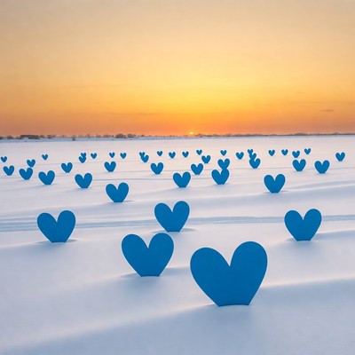 Blue hearts in snowy field at sunset