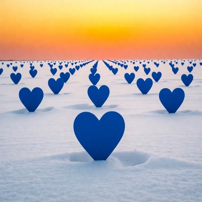 Blue hearts in snowy sunset field