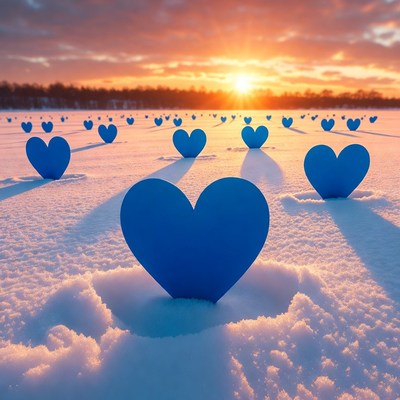 Blue hearts on snowy field at sunset