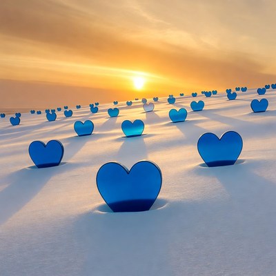 Blue hearts in snowy sunset field