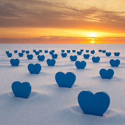 Blue hearts on snowy sunset landscape