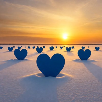 Blue hearts on snowy field at sunset