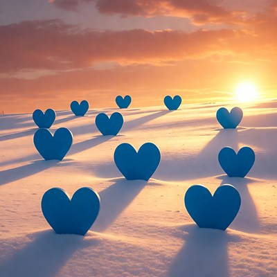 Blue hearts on snowy hill at sunset
