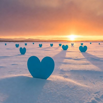 Blue hearts on snowy landscape sunset