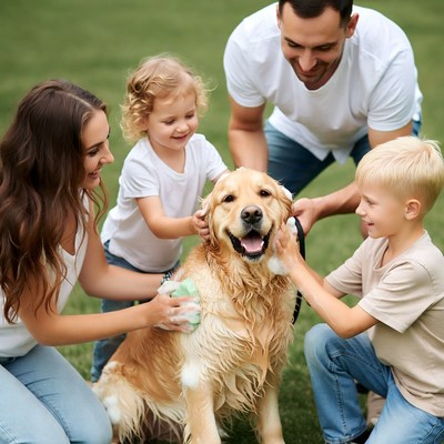 Family washing golden retriever in grass