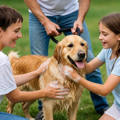 Family bathing golden retriever in park