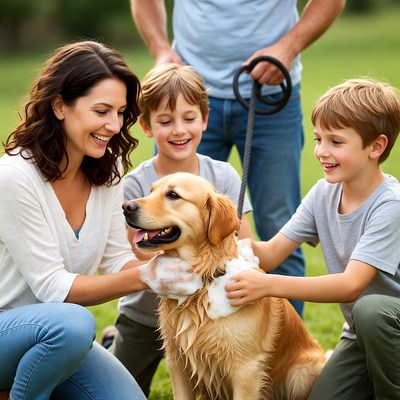Family washing golden retriever in park