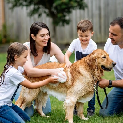 Family washing golden retriever dog