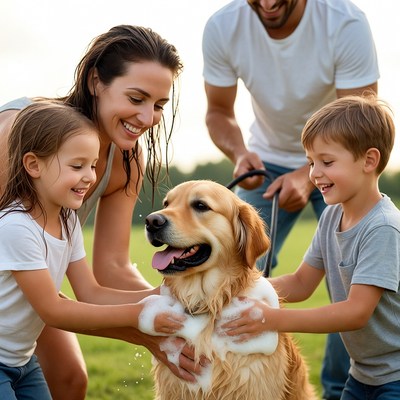 Family Washing Golden Retriever Outdoors