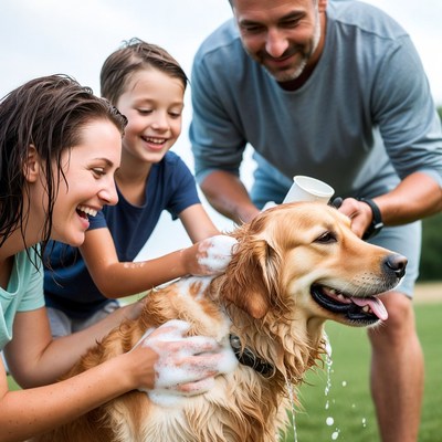 Family washing golden retriever outdoors