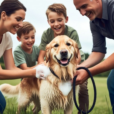 Family washing golden retriever outdoors