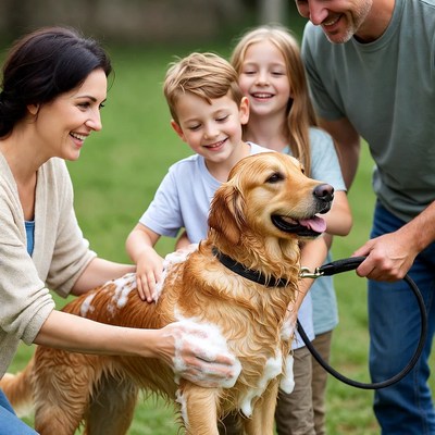 Family washing golden retriever outdoors