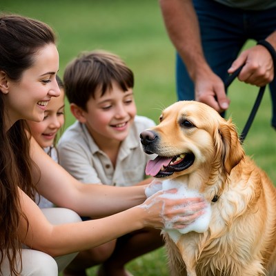 Family washing golden retriever dog