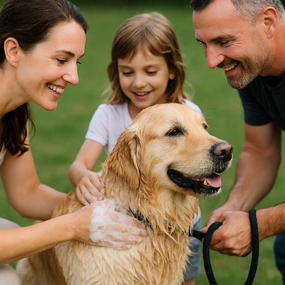 Family washing golden retriever dog