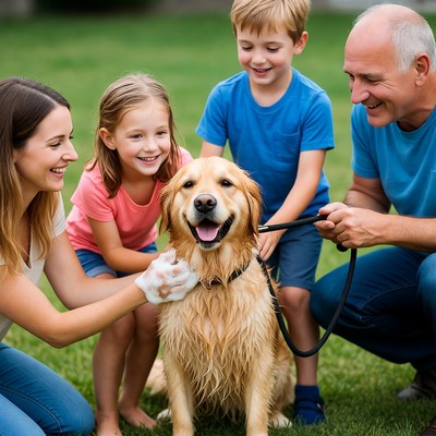 Family washing golden retriever in backyard