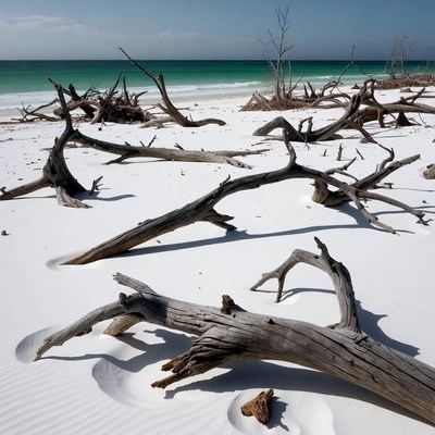Driftwood on white sand beach