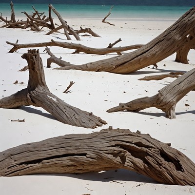 Driftwood on white sand beach