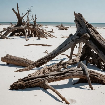 Driftwood on white sand beach