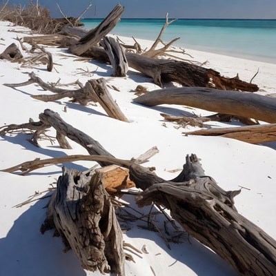 Driftwood scattered on white sand beach