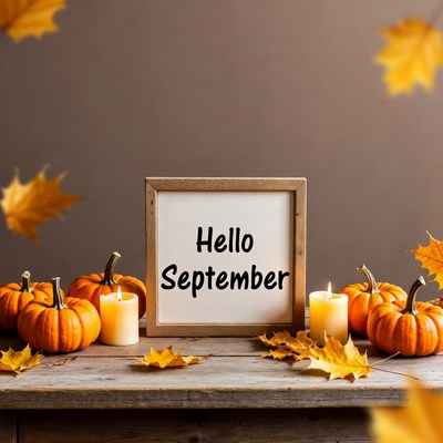 Hello September with Pumpkins and Leaves