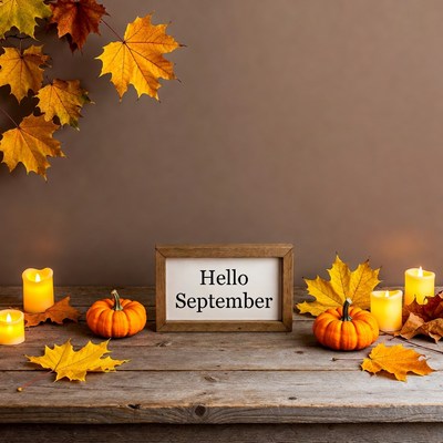 Hello September Wooden Sign with Pumpkins