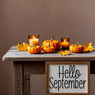 Hello September Pumpkins on Wooden Table